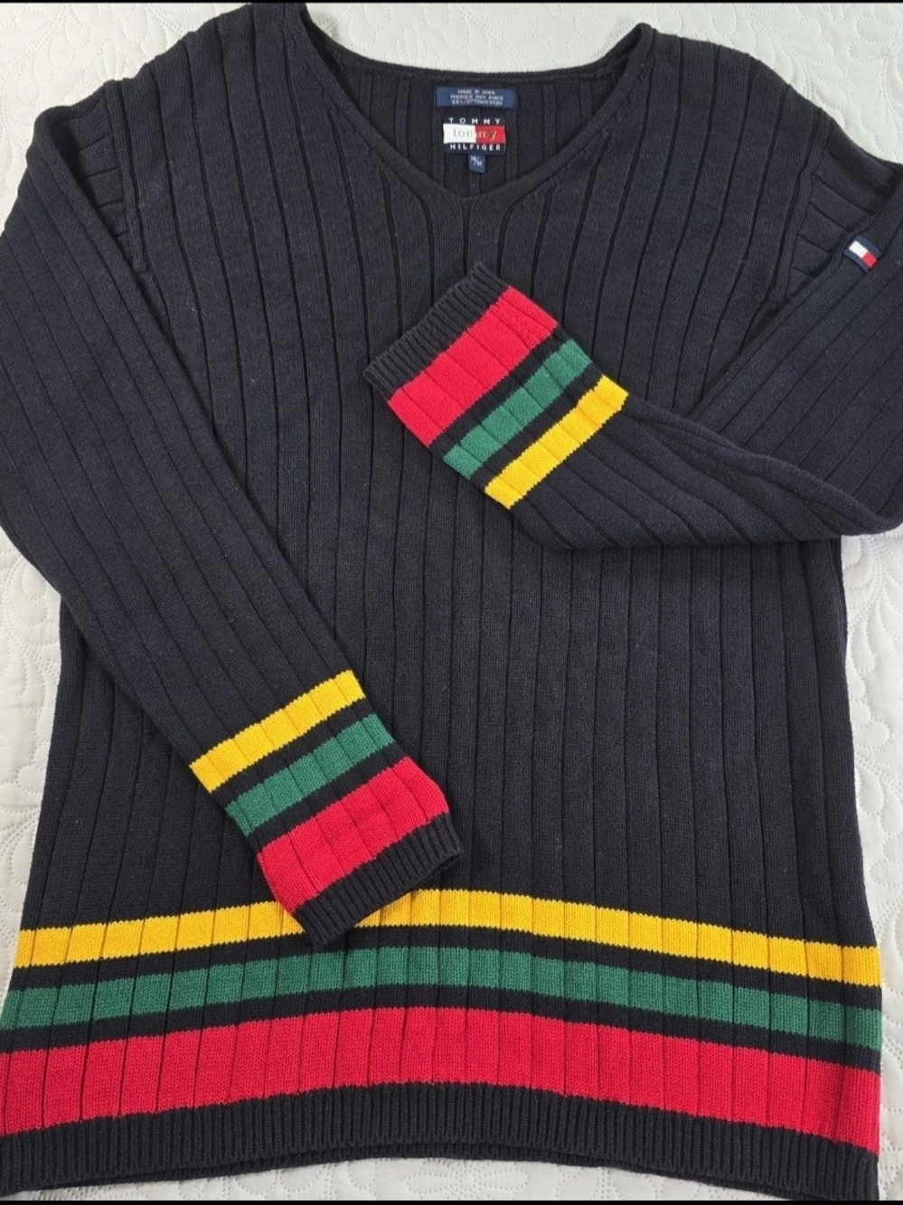 Rare Vintage 90s Tommy Hilfiger Sweater Navy Red Yellow Green Stripes MED EUC